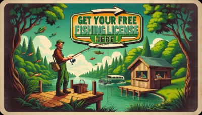 Illustration générée par IA : un pêcheur sur un ponton au bord d'un lac, sous un panneau en anglais annonçant un permis de pêche gratuit - une offre qui n'existe pas en France.
