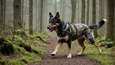 Illustration : un chien de type berger portant un gilet camouflage sur un layon forestier. La chasse à courre, elle, se pratique en meute.