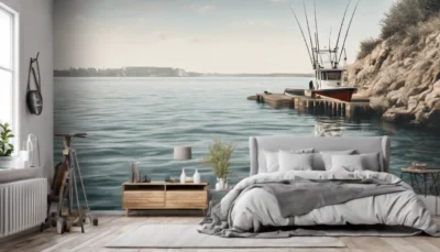 Illustration générée par IA : une chambre dont le mur du fond est couvert d'un panoramique montrant un port et des bateaux de pêche.