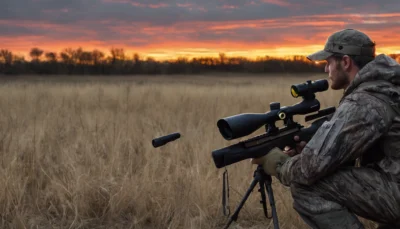 Image générée par IA : un chasseur en tenue de camouflage épaule une carabine équipée d'une lunette de tir et d'un point rouge, posée sur un trépied, dans un champ au crépuscule. Aucun dispositif de vision nocturne n'y figure.