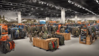 Illustration générée par IA : intérieur d’un magasin de sport, rayons de vêtements de camouflage, de sacs et d’articles de plein air. Les textes visibles sur les bandeaux ne forment aucun mot lisible.
