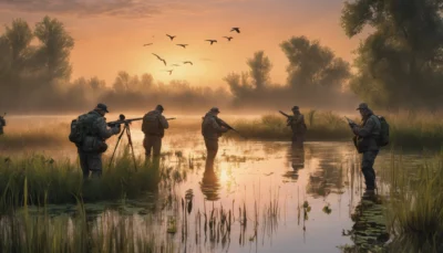 chasseur pose à l'affût près d'une zone humide, illustration de la chasse au gibier d'eau en France