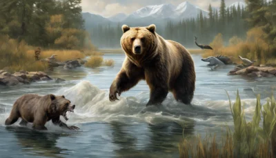 Illustration générée par intelligence artificielle : des ours bruns pêchant dans une rivière. Le brochet, seule espèce française citée par l'article, est un poisson d'eau douce et n'apparaît pas sur cette image.