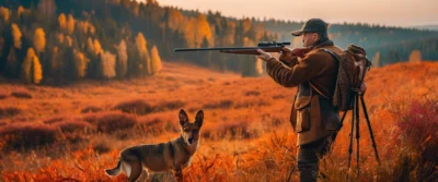 Illustration générée par IA : un chasseur épaulant une carabine à lunette, accompagné d'un chien, dans un paysage de landes en automne.