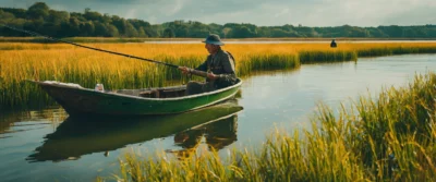 Illustration générée par intelligence artificielle : un pêcheur seul en barque, canne à la main, dans une roselière au bord d'une eau calme.