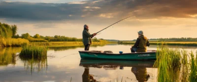 Illustration générée par intelligence artificielle : deux pêcheurs à la ligne dans une barque sur un plan d'eau calme au crépuscule ; le texte peint sur la coque n'est pas un mot réel.