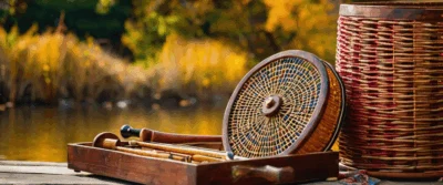 Illustration générée par intelligence artificielle : un disque tressé posé près d'un panier d'osier au bord d'un étang. L'objet représenté n'existe pas dans le matériel de pêche ; en pêche, le tambour est la bobine du moulinet.