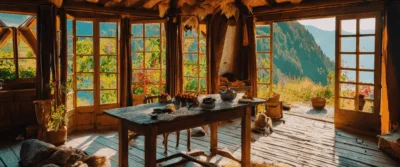 Illustration générée par intelligence artificielle : intérieur d'un chalet de montagne ouvert sur une vallée boisée. La Maison de la Pêche et de la Nature est en réalité un bâtiment de bord de Seine, en ville, sur l'île de la Jatte à Levallois-Perret.