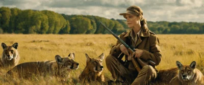 Illustration générée par intelligence artificielle : une personne en tenue de chasse, fusil posé en travers du corps, assise dans une prairie au milieu de cinq animaux sauvages au repos. La scène est fictive et les animaux représentés ne correspondent à aucune espèce identifiable.
