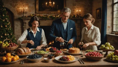 Illustration générée par IA : un repas de fêtes dans une salle en pierre, table couverte de fruits, de pains et d’un gâteau — aucune pièce de gibier n’y figure, alors que l’article porte sur la venaison.