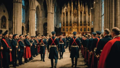 Illustration générée par IA : cérémonie dans une église gothique, rangs d'hommes en uniforme bleu marine à baudriers rouges et capes rouges — la scène ne montre ni trompes de chasse, ni chiens, ni veneurs.