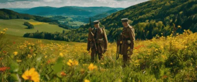 Illustration générée par intelligence artificielle : deux personnes en tenue de chasse, fusil à l'épaule, debout dans une prairie fleurie devant un paysage de moyenne montagne. Scène fictive, aucun lieu ni aucune personne identifiable.
