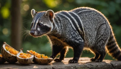 Illustration générée par intelligence artificielle montrant une civette, l'animal, en train de manger des fruits : elle ne représente pas le plat dont traite l'article, le civet de sanglier.